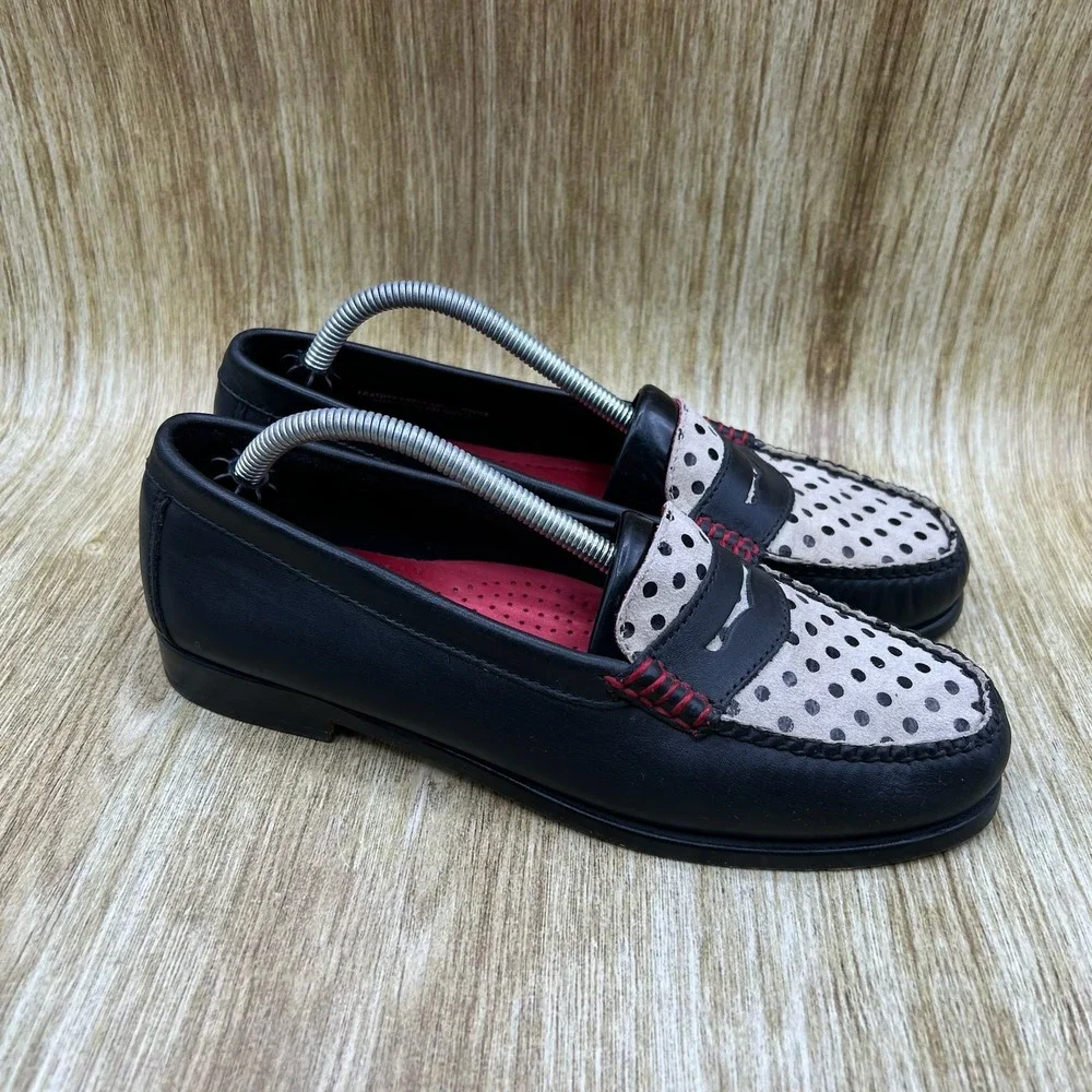 GH Bass Weejuns Loafers Women's Size 7.5 Black White Polka Dot Penny Shoes